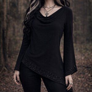 Vintage 00s Y2K Dressbarn 10 Black Witchy Goth Bell Sleeve Embellished Tunic Top